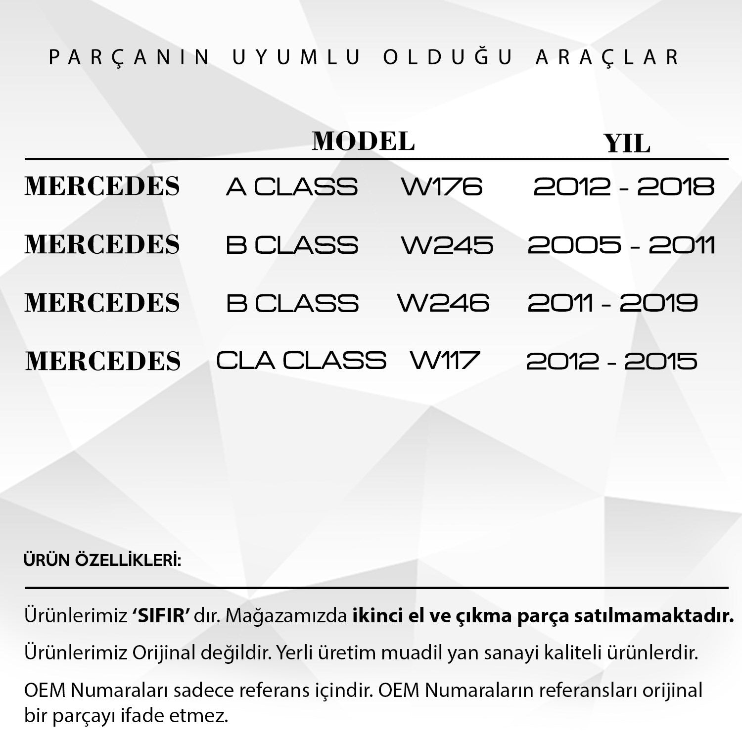 Mercedes A Class W176, B Class W246 için Port Bagaj Çıta Kapağı