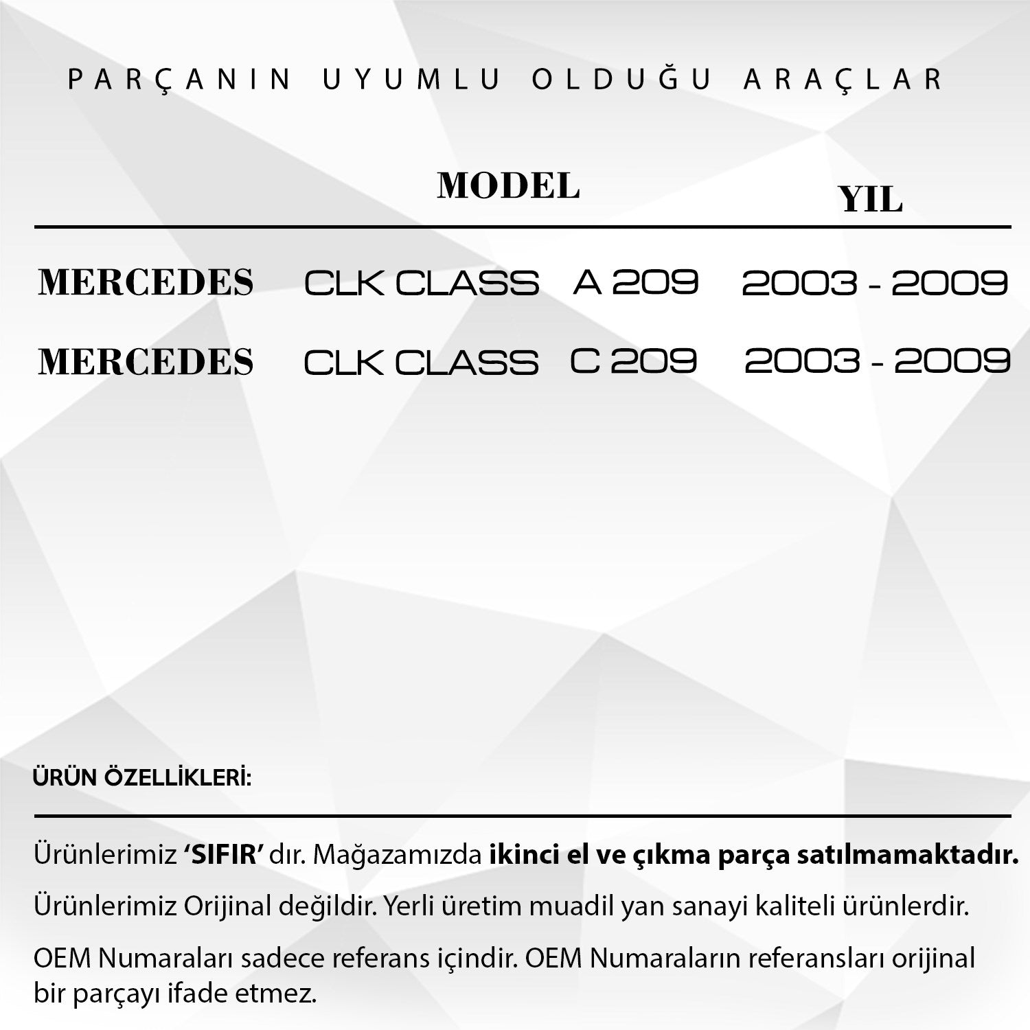 Mercedes Clk Class A209, C209 İçin Arka Cam Kriko Tamir Seti -SOL