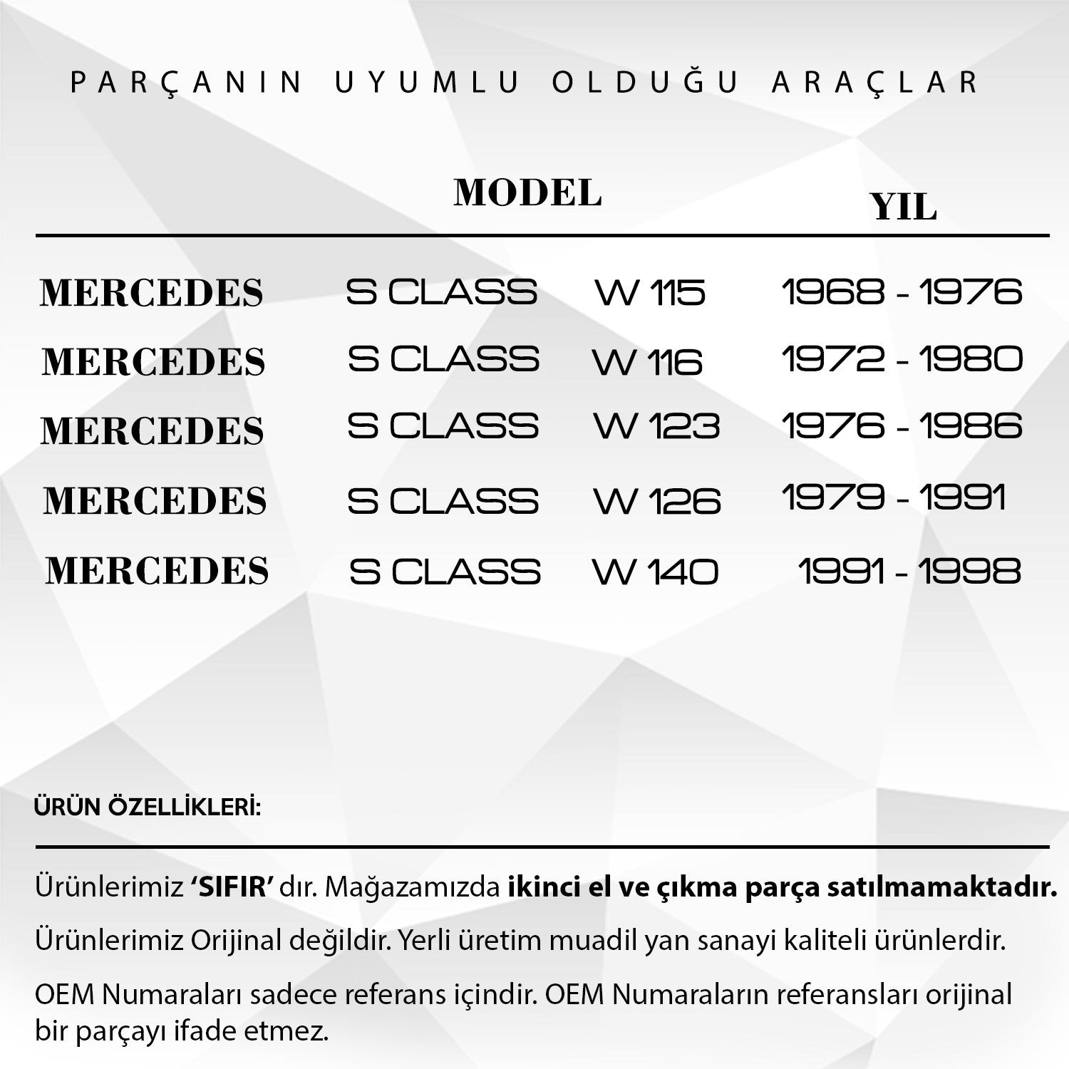 Mercedes W115, W116, W123, W126, W140 için Sunroof Toz Lastiği