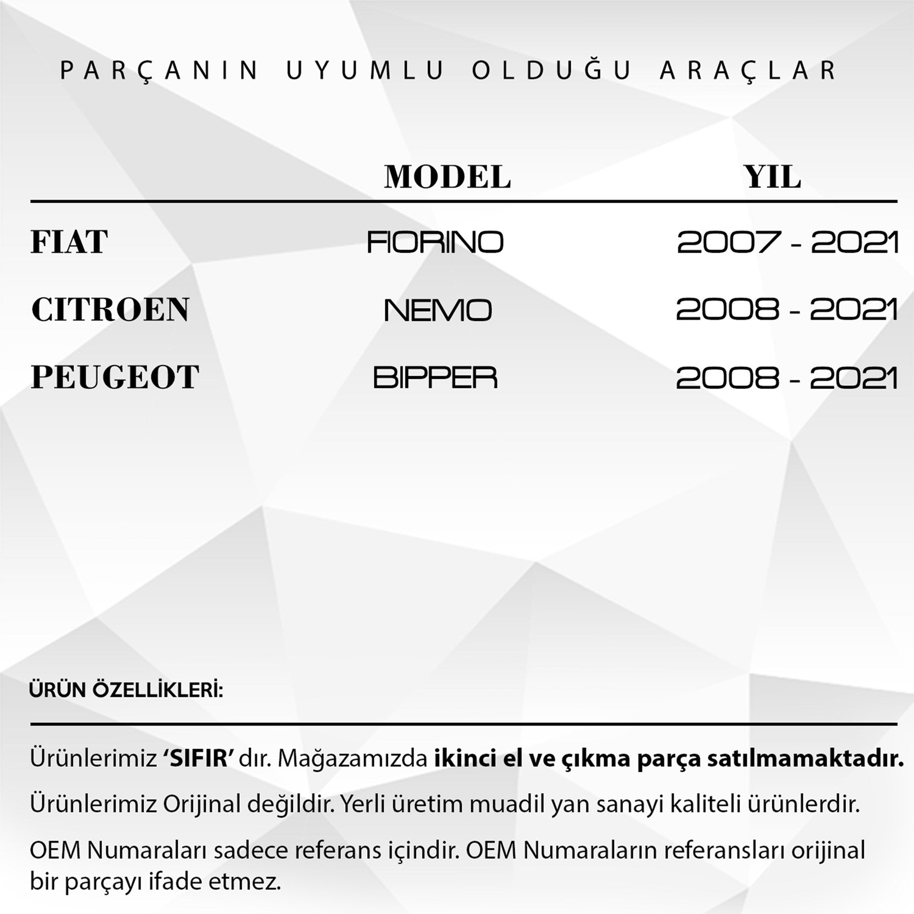 Fiat Fiorino, Citroen Nemo, Peugeot İçin Bagaj Kilit Karşılığı